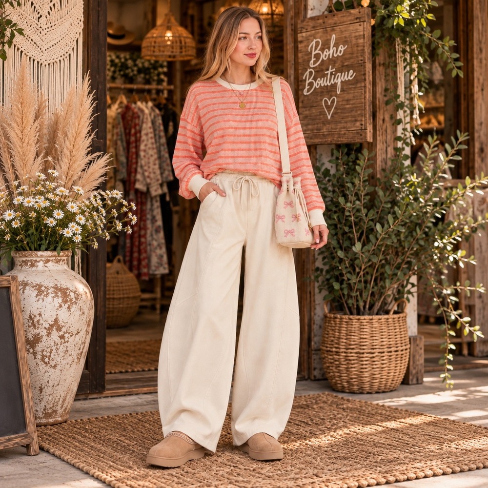 294.New Zenana Vanilla Cream Barrel Fleece Pants High Waist Drawstring Wide Leg